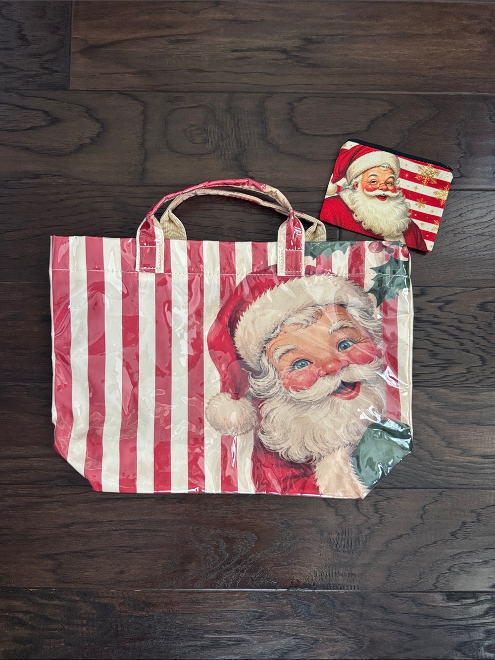 NWOT Festive Santa Stripe Holiday Tote Bag PVC- Red & White